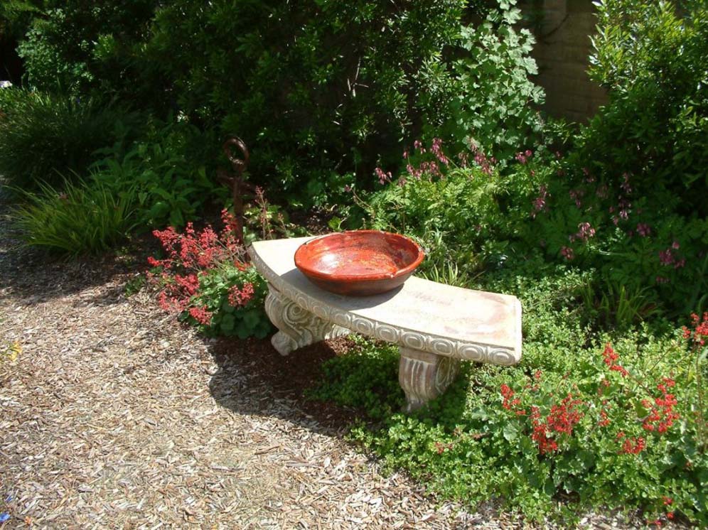 Red Bowl Sits on Bench